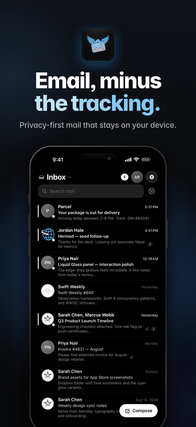 Email, minus the tracking. Privacy-first mail that stays on your device, shown over the Hermod inbox