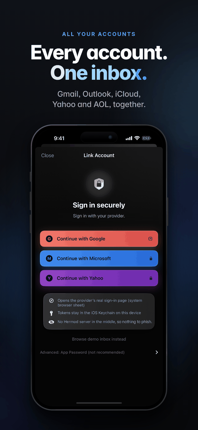 Every account, one inbox: Gmail, Outlook, iCloud, Yahoo and AOL together, with the Link Account sign-in screen