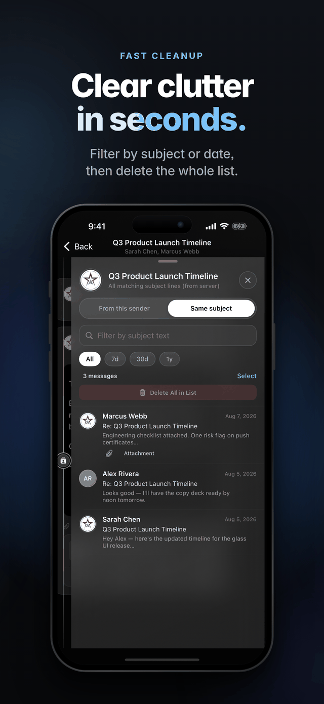 Clear clutter in seconds: filter the sender panel, then delete the whole list